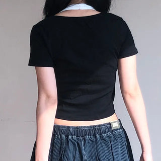 Miko Diagonal Deep Cut Halter Layered T-shirt