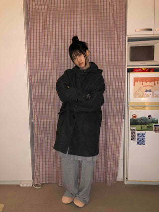 Campus Mood Hooded A-Line Balloon Fit Wool Coat