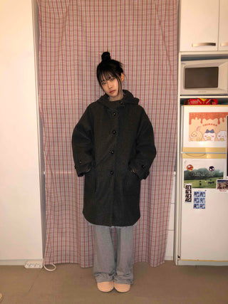 Campus Mood Hooded A-Line Balloon Fit Wool Coat