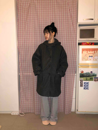 Campus Mood Hooded A-Line Balloon Fit Wool Coat