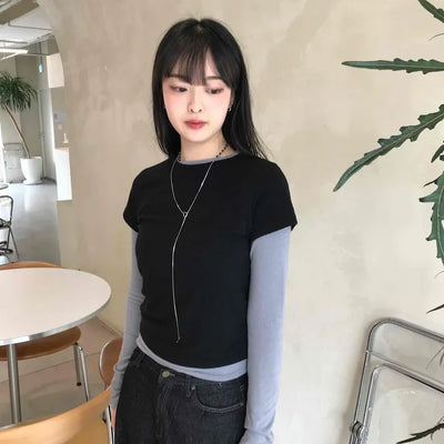Daily Two-Tone Color Block Slim Fit Round Long Sleeve Tee