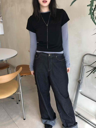 Daily Two-Tone Color Block Slim Fit Round Long Sleeve Tee