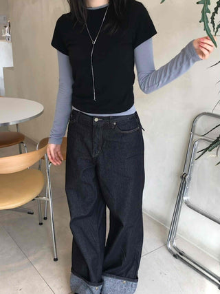 Daily Two-Tone Color Block Slim Fit Round Long Sleeve Tee