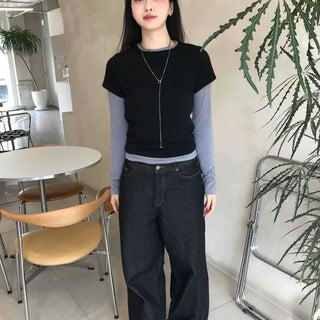 Daily Two-Tone Color Block Slim Fit Round Long Sleeve Tee