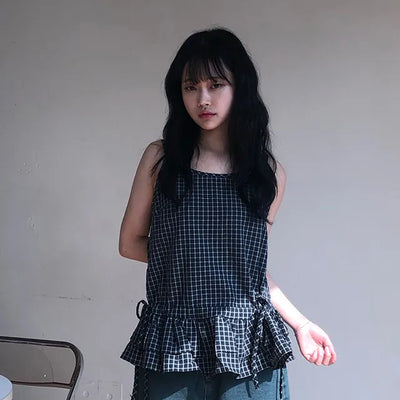 Tabyu Small Check Tiered Ribbon Point Sleeveless Blouse