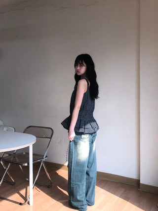 Tabyu Small Check Tiered Ribbon Point Sleeveless Blouse