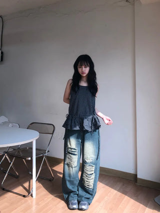 Tabyu Small Check Tiered Ribbon Point Sleeveless Blouse
