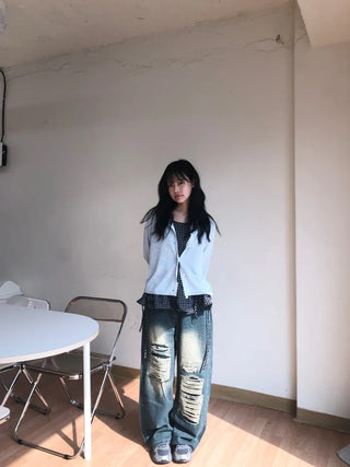 Tabyu Small Check Tiered Ribbon Point Sleeveless Blouse