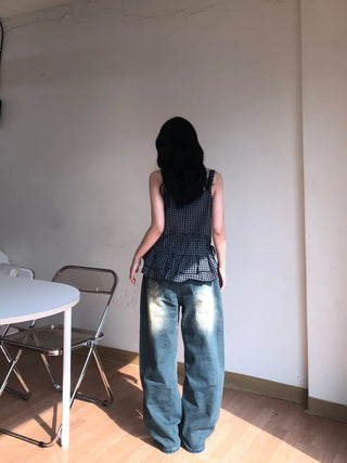 Tabyu Small Check Tiered Ribbon Point Sleeveless Blouse