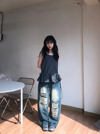 Tabyu Small Check Tiered Ribbon Point Sleeveless Blouse