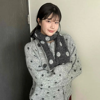 Vintage Dot Fluffy Knit Cardigan & Scarf