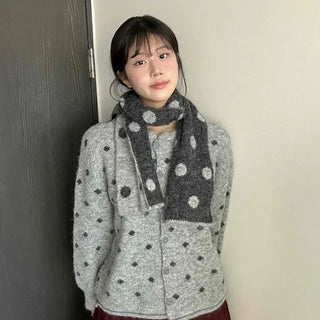 Vintage Dot Fluffy Knit Cardigan & Scarf
