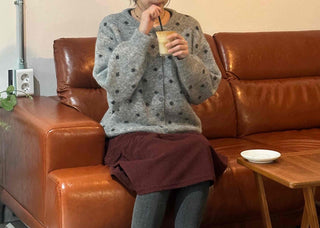 Vintage Dot Fluffy Knit Cardigan & Scarf