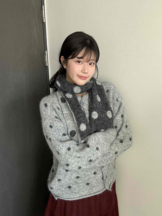 Vintage Dot Fluffy Knit Cardigan & Scarf