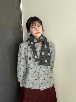 Vintage Dot Fluffy Knit Cardigan & Scarf