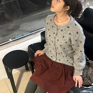 Vintage Dot Fluffy Knit Cardigan & Scarf