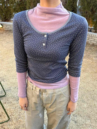 Dot Button Round Neck Cropped 3/4 Sleeve T-shirt
