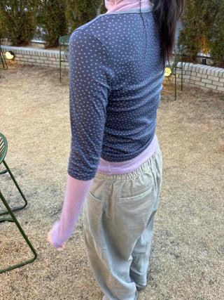 Dot Button Round Neck Cropped 3/4 Sleeve T-shirt