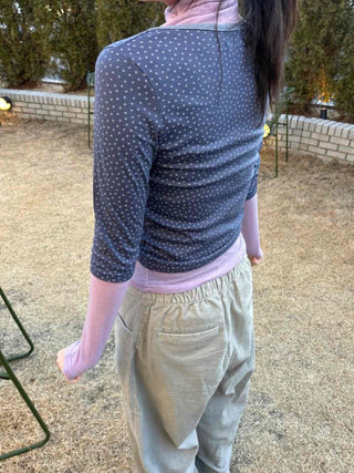 Dot Button Round Neck Cropped 3/4 Sleeve T-shirt