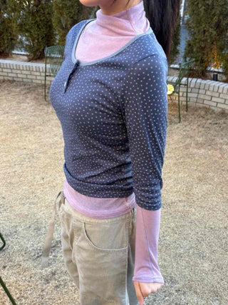 Dot Button Round Neck Cropped 3/4 Sleeve T-shirt