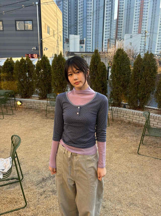 Dot Button Round Neck Cropped 3/4 Sleeve T-shirt