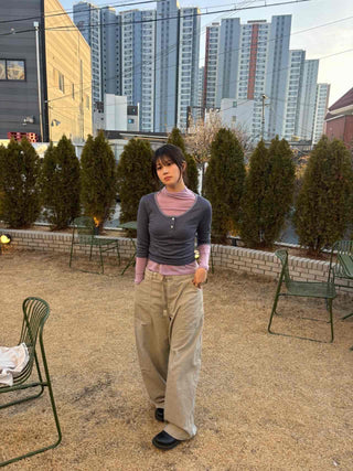 Dot Button Round Neck Cropped 3/4 Sleeve T-shirt