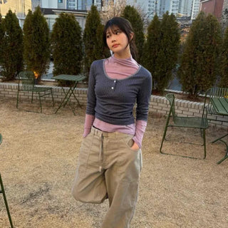Dot Button Round Neck Cropped 3/4 Sleeve T-shirt