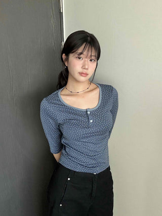 Dot Button Round Neck Cropped 3/4 Sleeve T-shirt