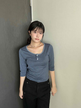 Dot Button Round Neck Cropped 3/4 Sleeve T-shirt