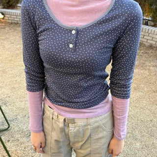Dot Button Round Neck Cropped 3/4 Sleeve T-shirt