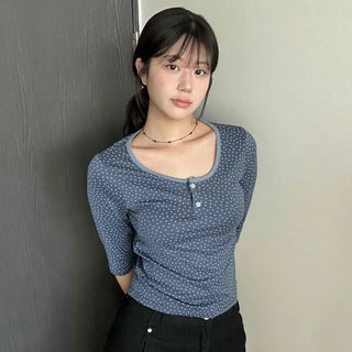 Dot Button Round Neck Cropped 3/4 Sleeve T-shirt