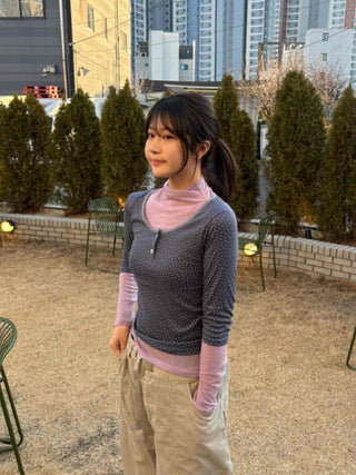 Dot Button Round Neck Cropped 3/4 Sleeve T-shirt