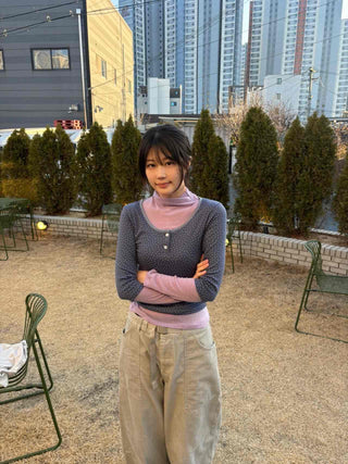 Dot Button Round Neck Cropped 3/4 Sleeve T-shirt