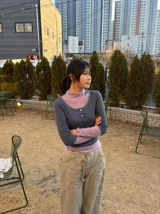 Dot Button Round Neck Cropped 3/4 Sleeve T-shirt