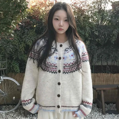 Nordic Pattern Button Loose Fit Knit Cardigan