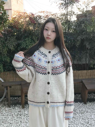 Nordic Pattern Button Loose Fit Knit Cardigan