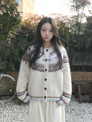 Nordic Pattern Button Loose Fit Knit Cardigan