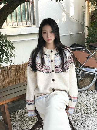 Nordic Pattern Button Loose Fit Knit Cardigan