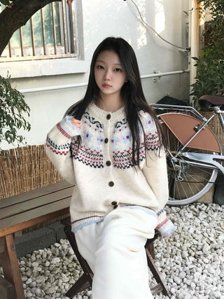 Nordic Pattern Button Loose Fit Knit Cardigan