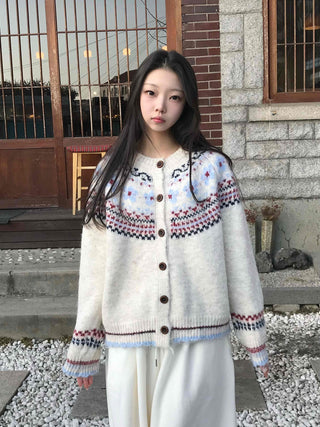 Nordic Pattern Button Loose Fit Knit Cardigan