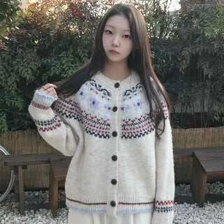 Nordic Pattern Button Loose Fit Knit Cardigan
