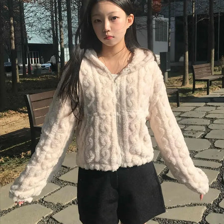Bubble Texture Crop Zip-Up Hoodie