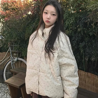 Soft Flower Pattern Stand Collar Quilted Padded Jacket