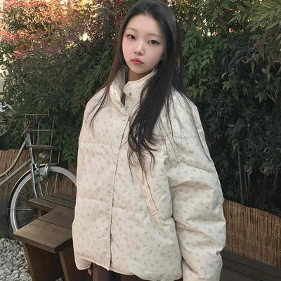 Soft Flower Pattern Stand Collar Quilted Padded Jacket