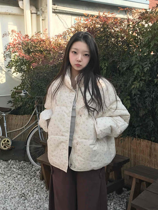 Soft Flower Pattern Stand Collar Quilted Padded Jacket