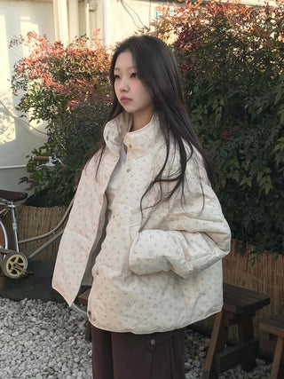 Soft Flower Pattern Stand Collar Quilted Padded Jacket