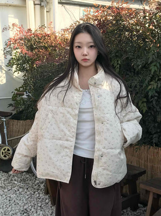 Soft Flower Pattern Stand Collar Quilted Padded Jacket