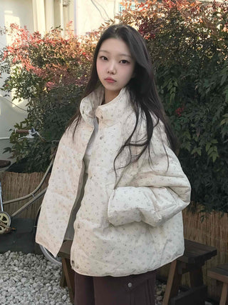 Soft Flower Pattern Stand Collar Quilted Padded Jacket