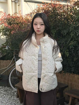 Soft Flower Pattern Stand Collar Quilted Padded Jacket