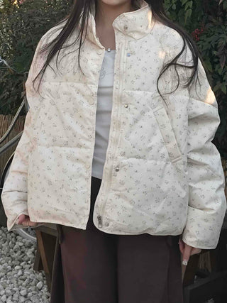 Soft Flower Pattern Stand Collar Quilted Padded Jacket